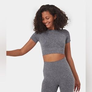 NWOT HALARA S Seamless Flow Raglan Short Sleeve Cropped Stretch Top Gray